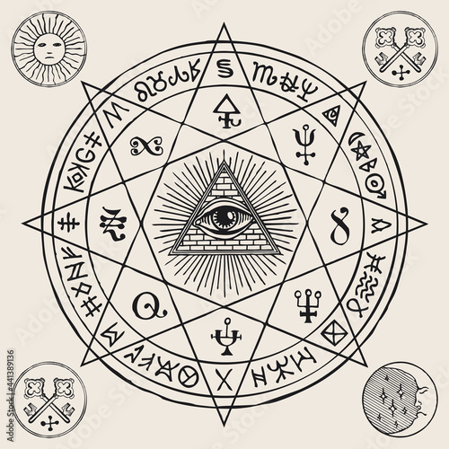 Vector illustration with an all-seeing eye inside octagonal star, Masonic, alchemical and esoteric symbols. Hand-drawn banner or mascot in the form of a circle with a third eye, magic runes and signs