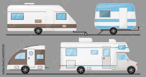 Tourism transport recreational vehicle, mobile home, transportationTravel car icons. Isolated  camping trailer, automobile vector illustration  
