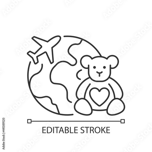 Orphanage tourism linear icon. Volunteer fly abroad for children charity support. Travel industry. Thin line customizable illustration. Contour symbol. Vector isolated outline drawing. Editable stroke