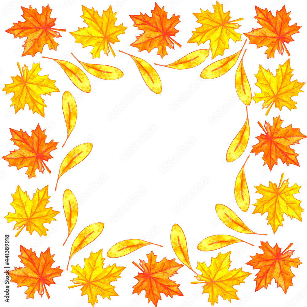Watercolor autumn frame made of hand drawn yellow and orange maple leaves. Greeting card or Invitation