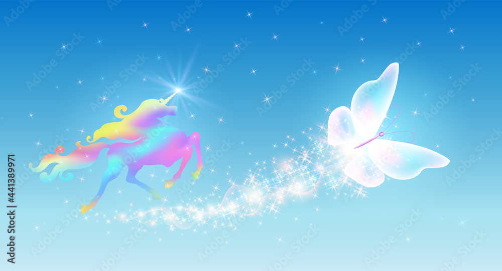 Galloping iridescent Unicorn with luxurious winding mane and flying fairytale butterfly against the background of the fantasy universe with sparkling stars