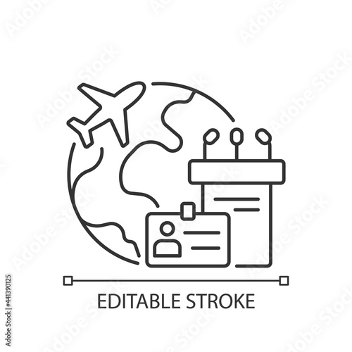 MICE tourism linear icon. Business trip. International flight for professional meeting. Thin line customizable illustration. Contour symbol. Vector isolated outline drawing. Editable stroke