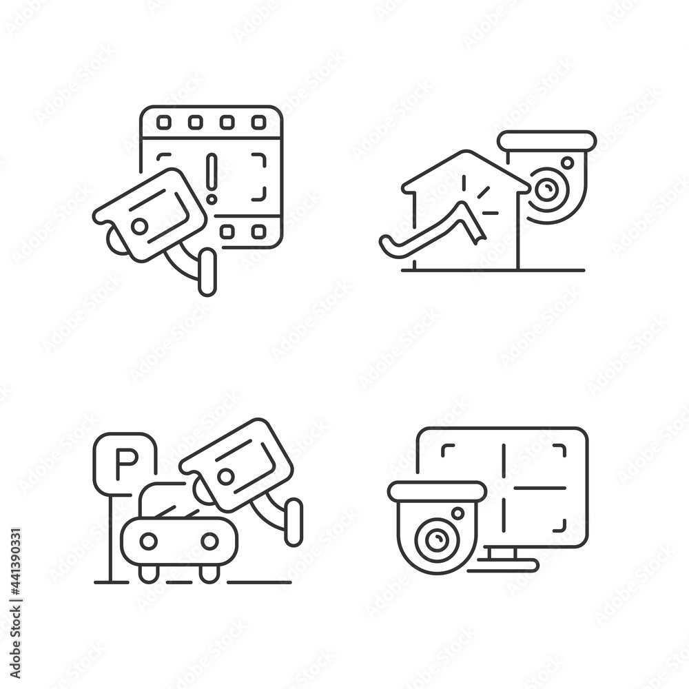 Family and property protection linear icons set. Boon to police investigation. Anti-hijack system. Customizable thin line contour symbols. Isolated vector outline illustrations. Editable stroke