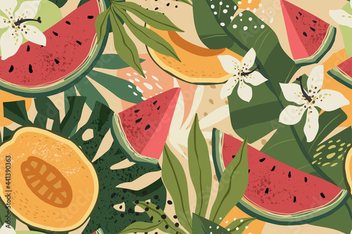 Fototapeta Naklejka Na Ścianę i Meble -  Seamless simple pattern. Collage of tropical plants and exotic fruits for printing on fabric, paper, cover, interior decor, posters.