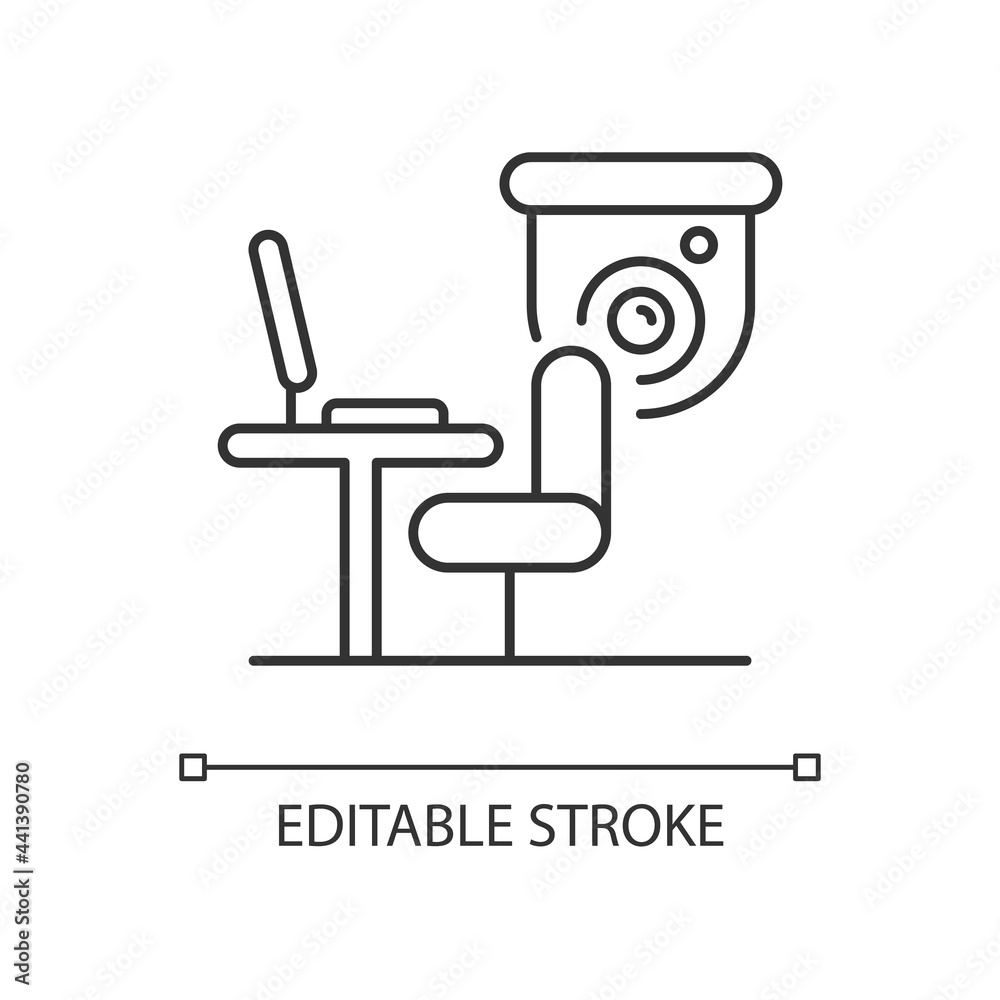 Workers productivity improvement with surveillance camera linear icon. Observe digital activities. Thin line customizable illustration. Contour symbol. Vector isolated outline drawing. Editable stroke Workers productivity improvement with surveillance camera linear icon. Observe digital activities. Thin line customizable illustration. Contour symbol. Vector isolated outline drawing. Editable stroke