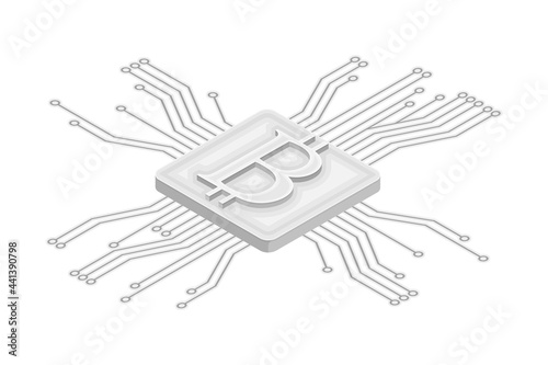 Blockchain Technology with Bitcoin Microcircuit Connection Isometric Vector Illustration