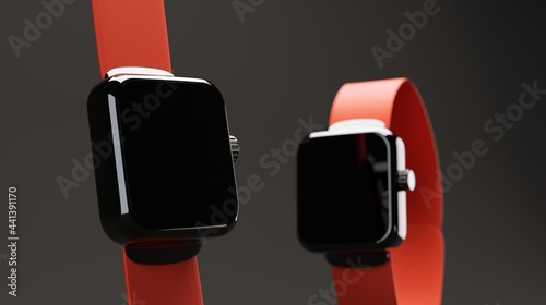 beautiful smart watch in glossy black color with red strap suitable for advertising

 photo