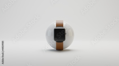 beautiful smart watch in glossy black color with brown strap suitable for advertising

 photo