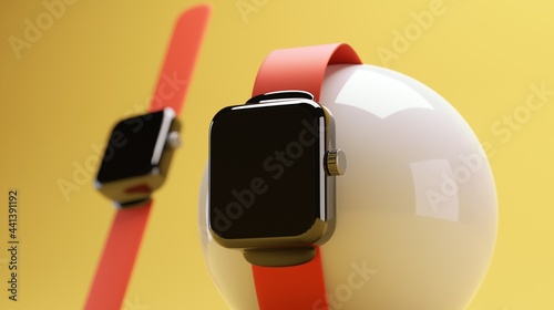 beautiful smart watch in glossy black color with red strap suitable for advertising photo