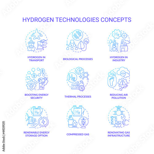 Hydrogen technologies concept icons set. Reduce pollution idea thin line color illustrations. Renovating infrastructure. Renewable energy storage. Thermal processes. Vector isolated outline drawings