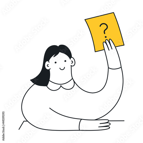 Work questions, doubts, hypotheses, or assumptions. A cute cartoon elegant girl is holding a yellow card with a question mark. Thin outline vector illustration on white.