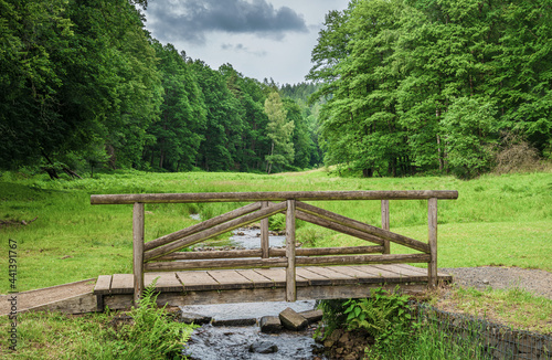 Holzbrücke über einem Bach in einem Tal