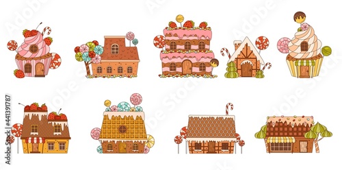 Sweet Candy House Made of Cookie Dough as Shaped Baked Confectionery Vector Set