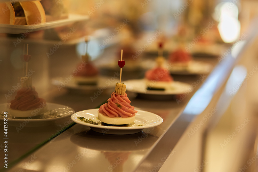 Turkish colorful desserts for picking up from buffet for hotel system of all-inclusive. Copy space