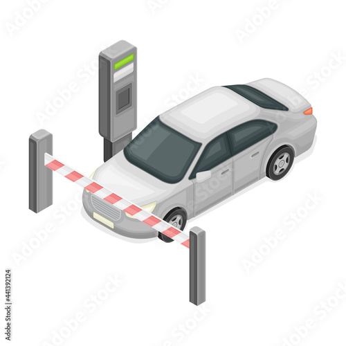 Chargeable Parking Facility with Car Standing in Front of Auto Barrier Isometric Vector Illustration
