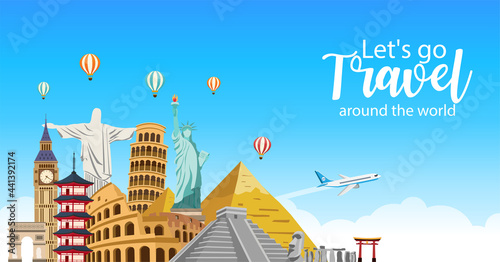 Let's go travel and tourism. Travel famous landmarks around world. Road trip concept. vector illustration in flat style modern design.