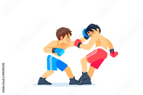 A young boxer or fighter loses and gets hit in the face by a knockdown or knockout in the boxing ring during a fight. Cartoon character, flat vector style illustration