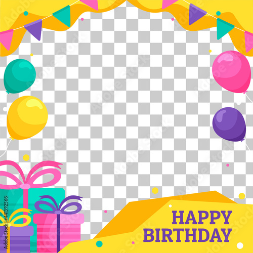 Happy birthday color vector frame. Inscription, gifts and sweet candy. Photo frame