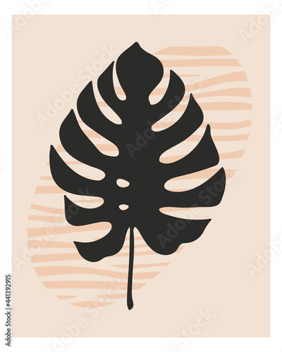 Monstera leaf on a striped background boho interior wall art. Minimal abstract print poster wallpaper cover. Hand drawn tropical plant silhouette. Pastel natural color. Stock vector illustration.