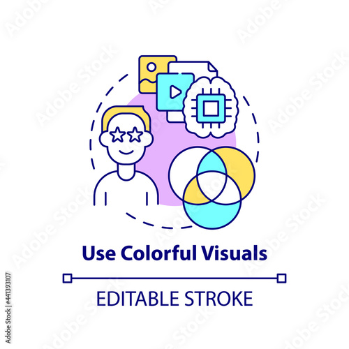 Use colorful visuals concept icon. Viral content creation abstract idea thin line illustration. Visual elements. Short videos and static images. Vector isolated outline color drawing. Editable stroke