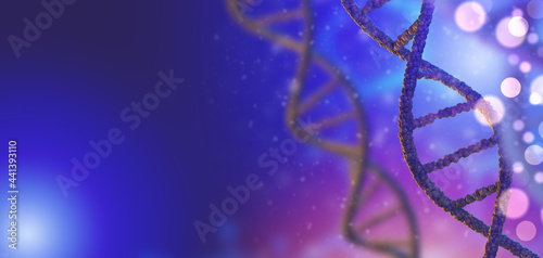 Genetic background with DNA strand. DNA spirals on a blue background. Place for inscription on topic of genetic engineering. Dark DNA texture. Patern 3d with chains of human genome.