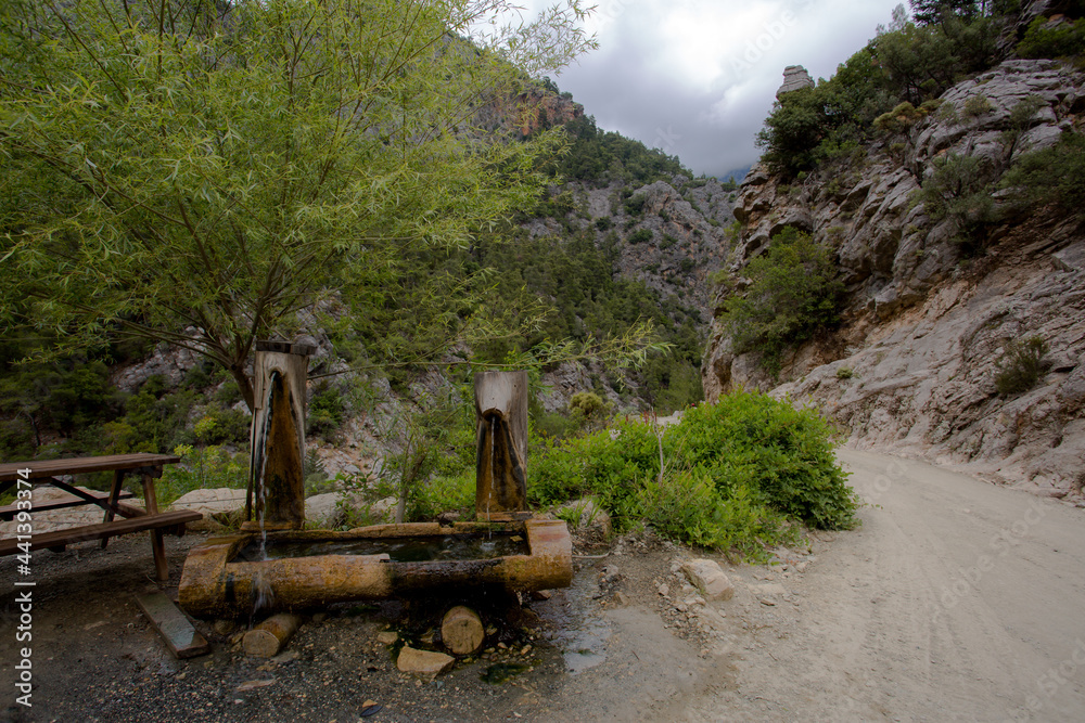 Fototapeta premium Travel through the Goyniuk Canyon. Beautiful places in Turkey. Mountain river and rocks in Kemer.