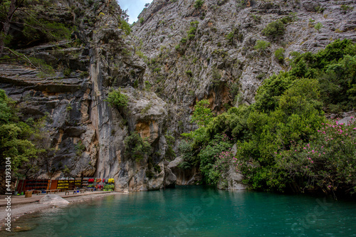 Travel through the Goyniuk Canyon. Beautiful places in Turkey. Mountain river and rocks in Kemer.