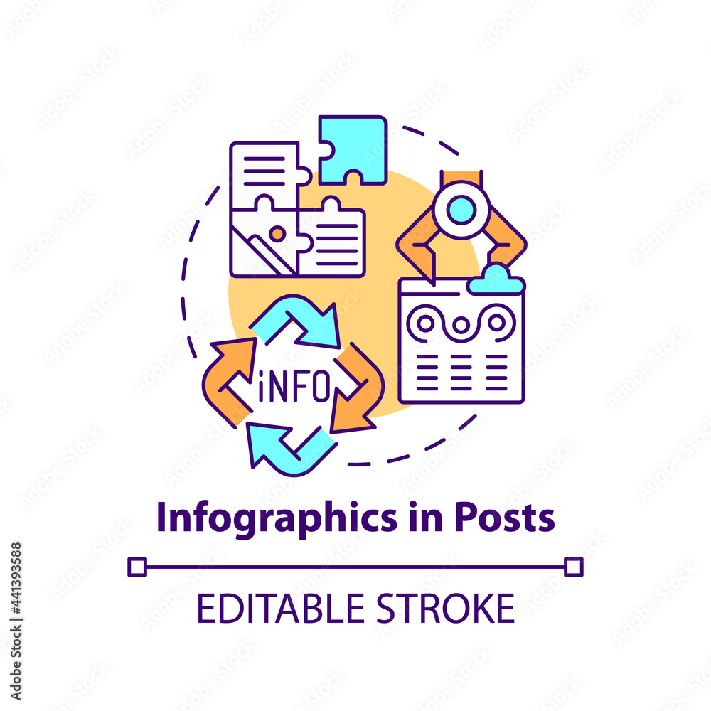 Infographics in posts concept icon. Viral posts type abstract idea thin line illustration. Data and statistics in visually appealing manner. Vector isolated outline color drawing. Editable stroke
