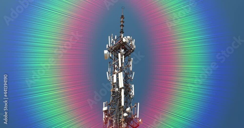 Rotating electromagnetic radiation from cell tower, frequency spectrum. Communication tower antenna on blue background. Antennas of mobile phone communication, television, internet, radio and other photo