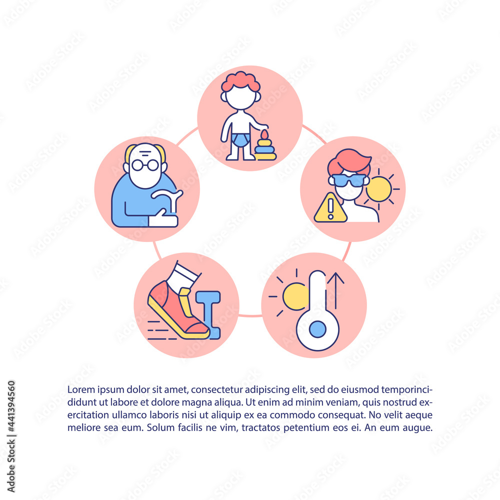 Risk factors for heatstroke concept line icons with text. PPT page vector template with copy space. Brochure, magazine, newsletter design element. Hot weather, old age linear illustrations on white