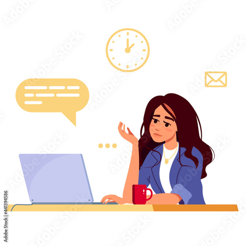 Modern young woman uses a laptop when working, studying, blogging, communication or programming. Work from home, freelancer, student. Concept of cute girl in a convenient workplace