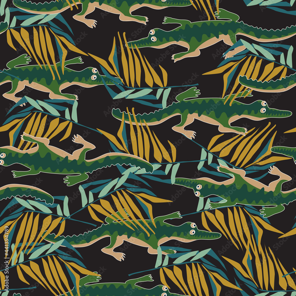 pattern with cartoon crocodile and tropical leaf pattern with cartoon crocodile and tropical leaf