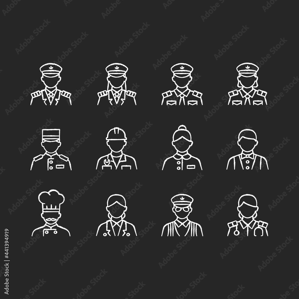 Cruise and hotel staff chalk white icons set on dark background. Service providers for customers. Comfortable vacation. Proffesional crew controlling. Isolated vector chalkboard illustrations on black