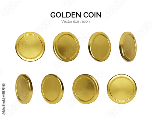 Golden coin rotation. Finance and money. Realistic render gold money. Glossy metallic coin. Vector