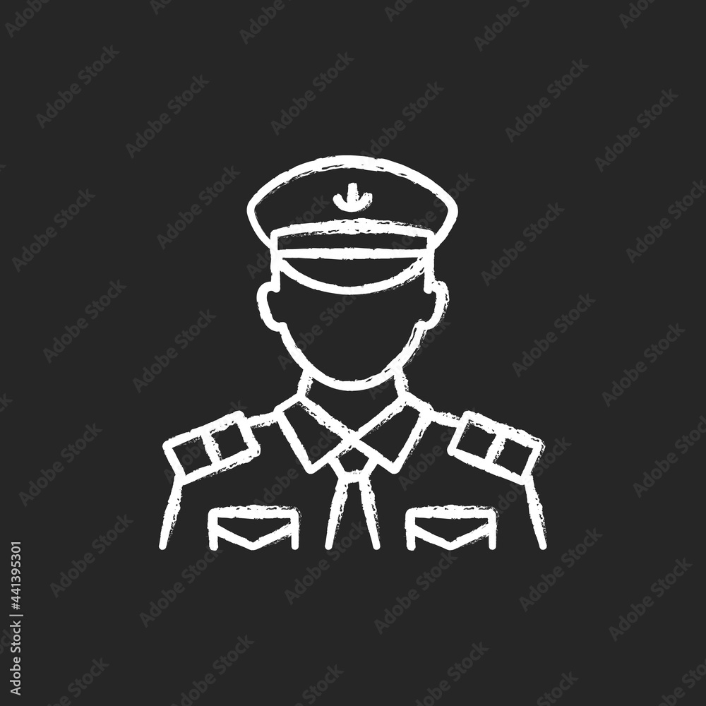 Male chief officer chalk white icon on dark background. Helping captain organize comfortable trip. Controlling crew. Cruise travel for visitors. Isolated vector chalkboard illustration on black Male chief officer chalk white icon on dark background. Helping captain organize comfortable trip. Controlling crew. Cruise travel for visitors. Isolated vector chalkboard illustration on black