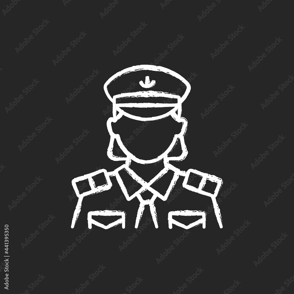 Female chief officer chalk white icon on dark background. Helping ship captain controlling staff. Crew member of cruise. Making travel comfortable. Isolated vector chalkboard illustration on black Female chief officer chalk white icon on dark background. Helping ship captain controlling staff. Crew member of cruise. Making travel comfortable. Isolated vector chalkboard illustration on black