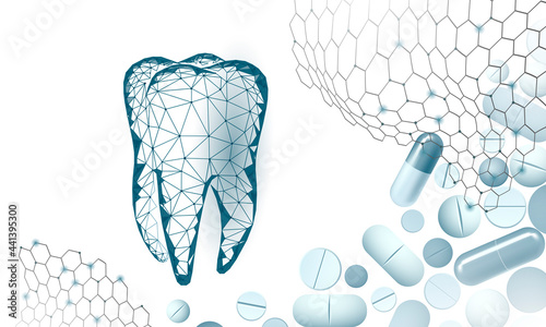 Low poly tooth drug capsule medical concept. Whitening enamel reconstruction healthcare. Polygonal healthy dentistry procedure vector illustration