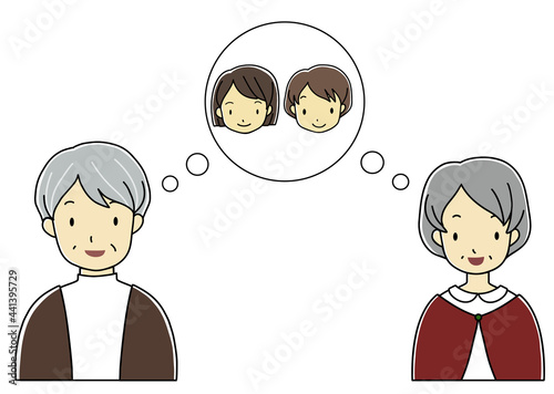 遠距離でなかなか会えない祖父母と孫たちへの想いが伝わる手描きイラスト（笑顔バージョン・コピースペースあり）