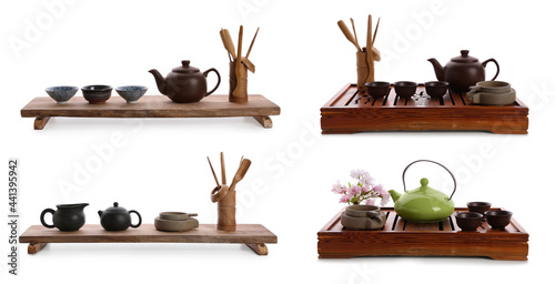 Beautiful sets for traditional tea ceremony on white background, collage. Banner design photo