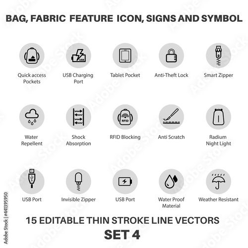 Bag and Backpack fabric feature icon, laptop bag Performance icon and symbols for tech bag and fabric, Fabric Technology properties and textile special feature signs and symbols icon set.
