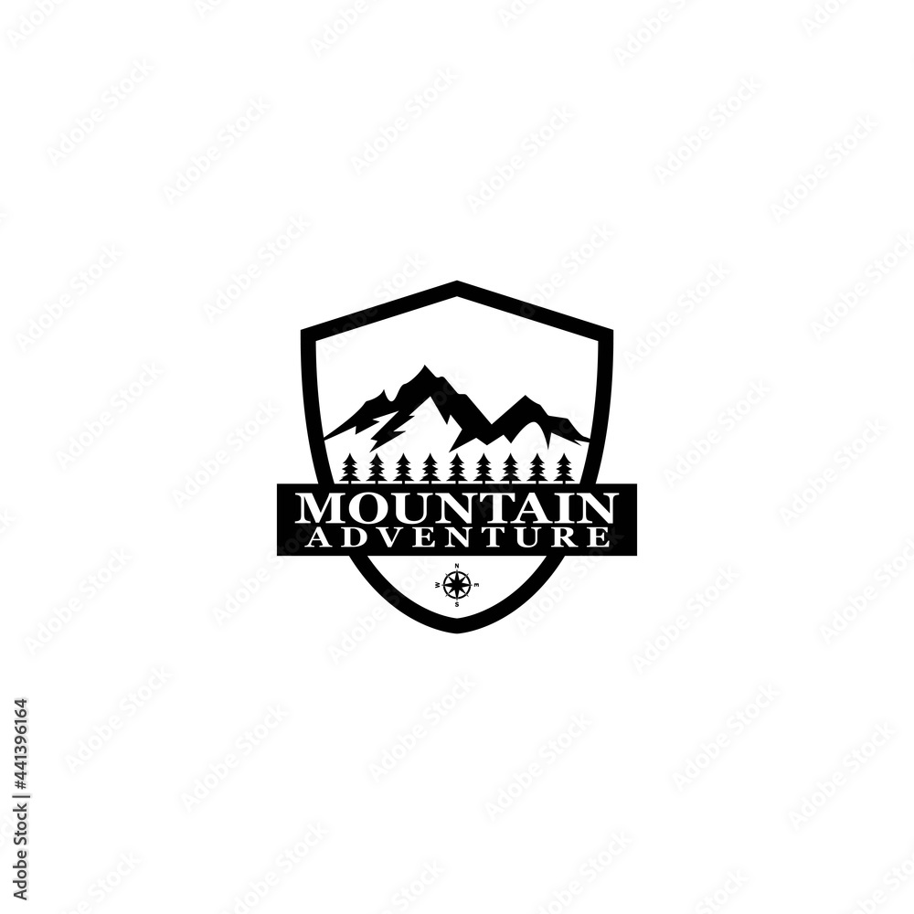 Obraz premium Mountain Adventure Logo, outdoor concept, summer camping emblem, mountain climbing logo in black and white colors. Creative vector illustration. Graphic design elements