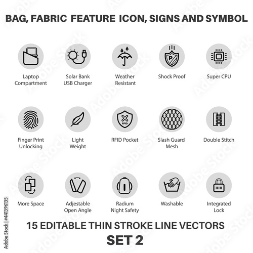 Bag and Backpack fabric feature icon, laptop bag Performance icon and symbols for tech bag and fabric, Fabric Technology properties and textile special feature signs and symbols icon set.