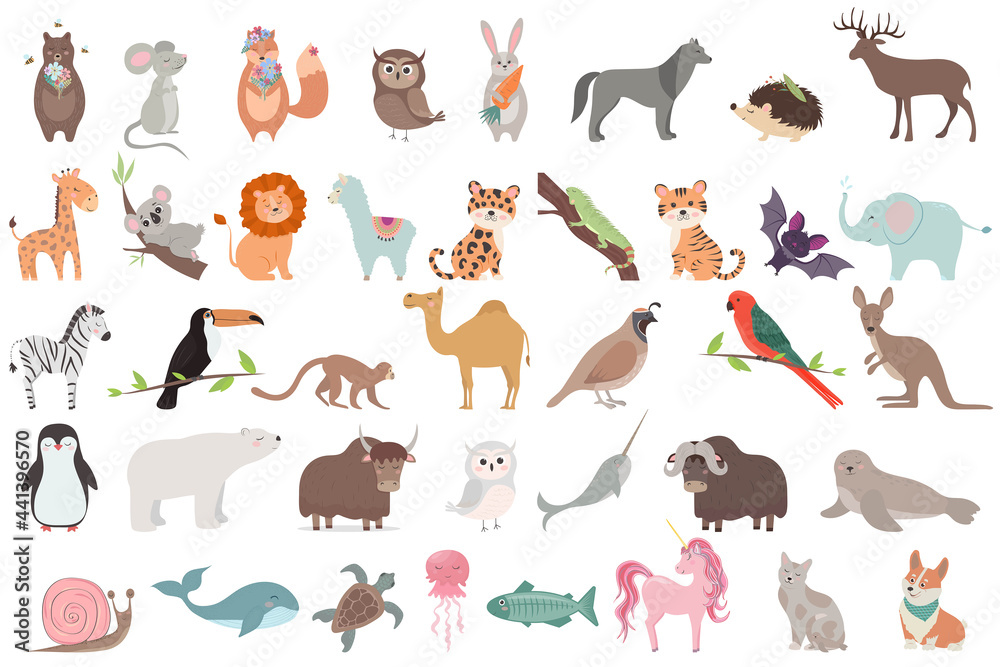 Obraz premium Big set of animals isolated on white background. Vector collection of funny cute animals in flat cartoon style.