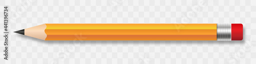 Realistic yellow pencil sharpened with a red rubber band on transparent background