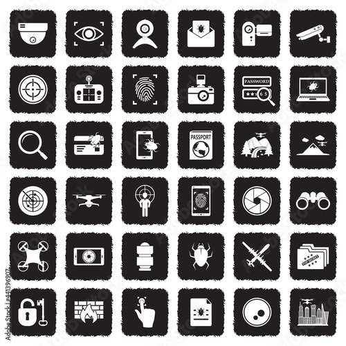 Surveillance Icons. Grunge Black Flat Design. Vector Illustration.