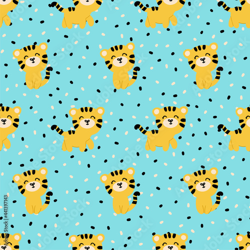 Seamless pattern with cute cartoon tigers