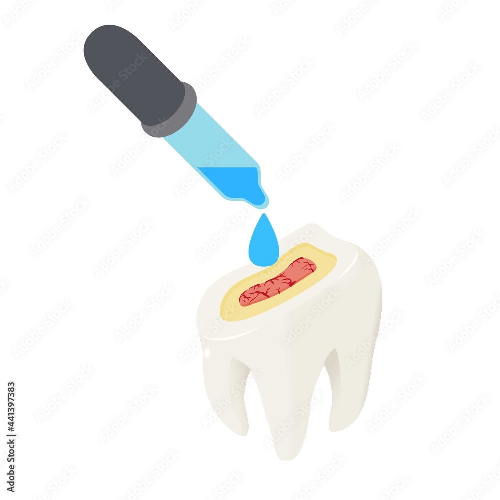 Treatment tooth icon isometric vector. Pipet drop tooth. Medicine dentistry treatment Treatment tooth icon isometric vector. Pipet drop tooth. Medicine dentistry treatment