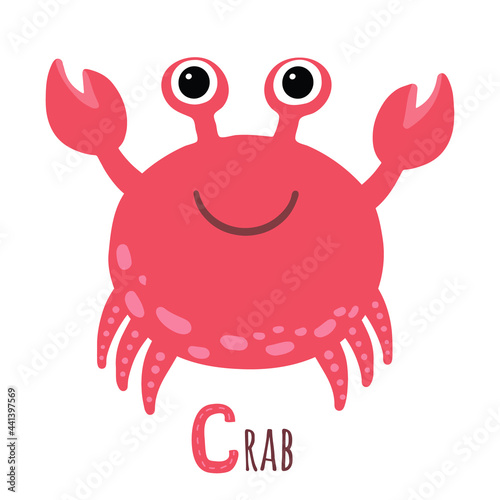 Cute red crab with sign. C letter learning. Cartoon style. Vector isolated on white background.