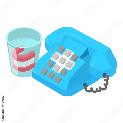 Dental consultation icon isometric vector. Push button telephone denture in glass. Dental clinic
