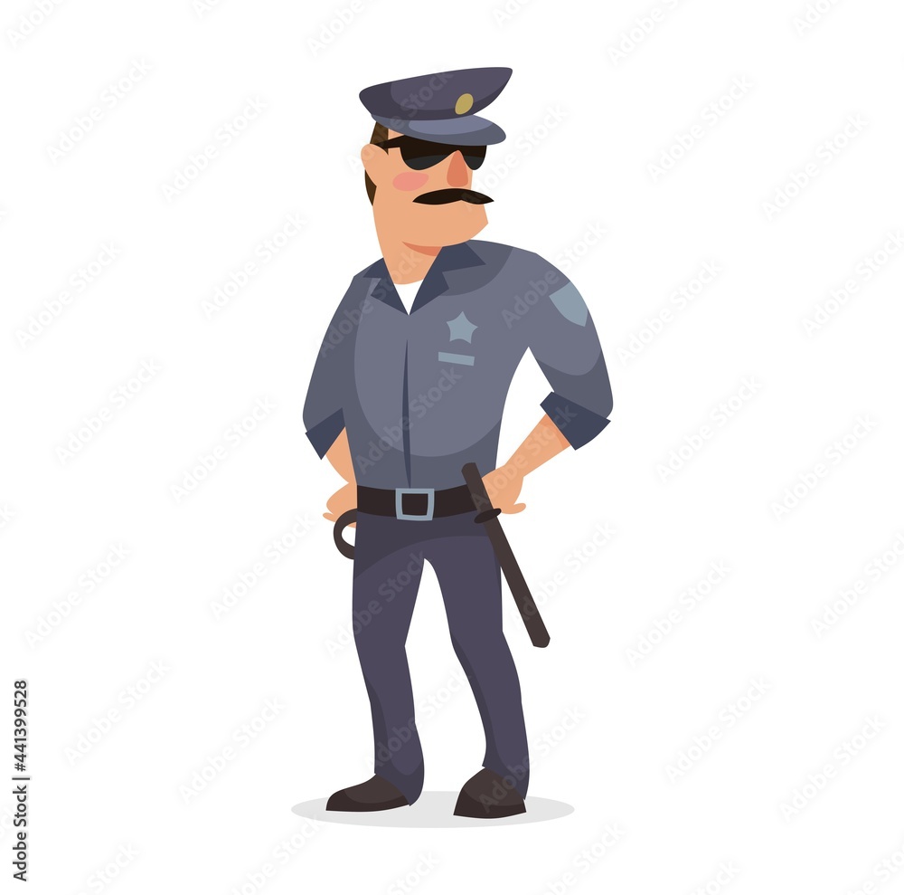 Flat style policeman character in a uniform vector illustration. Cartoon cool police officer wearing a sunglasses. Flat style.
